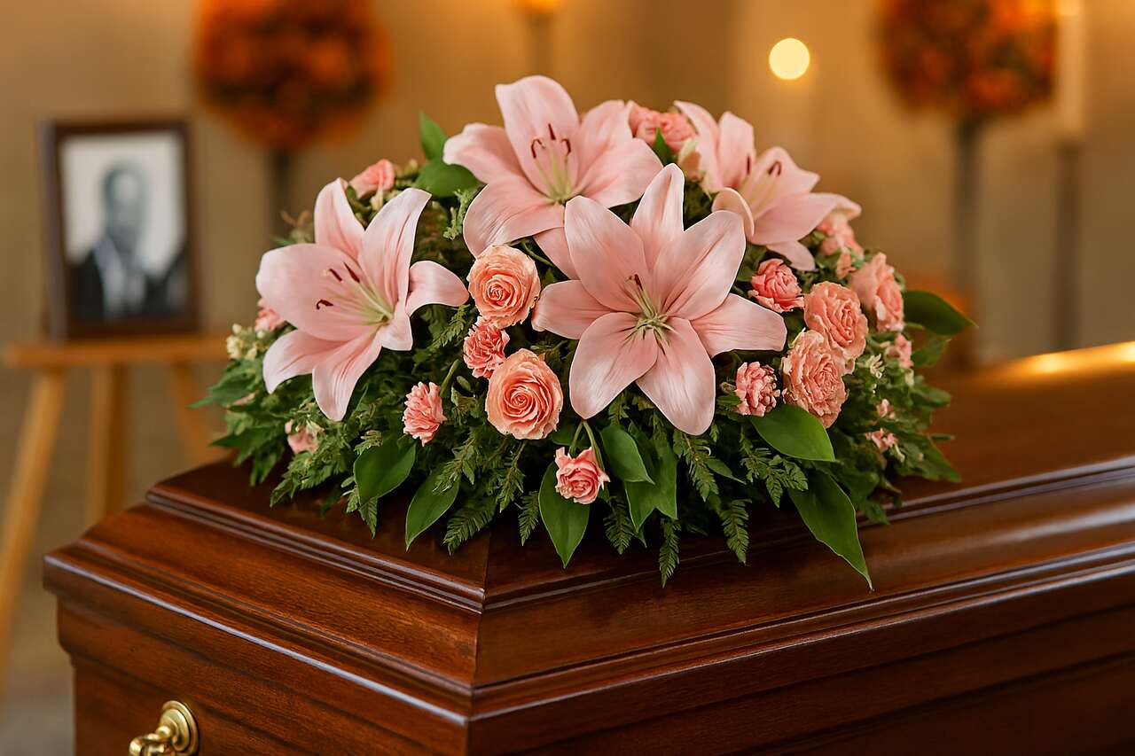 Imagem de velório com flores para velório em destaque: lírios e rosas cor-de-rosa sobre caixão de madeira, cercados por folhagem verde. Ao fundo, velas acesas e retrato em homenagem criam atmosfera de respeito, despedida e memória afetiva.