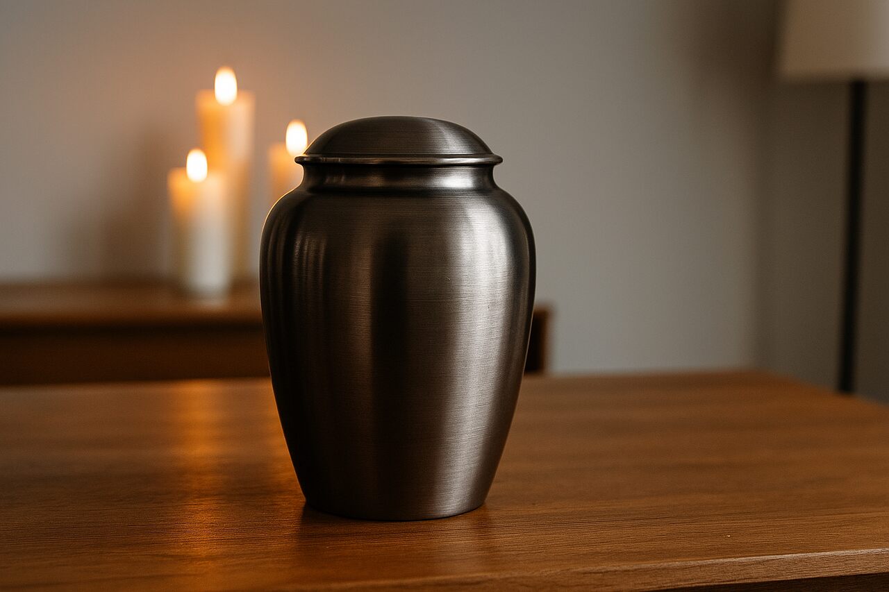 Urna funerária metálica sobre uma mesa de madeira com velas acesas desfocadas ao fundo.