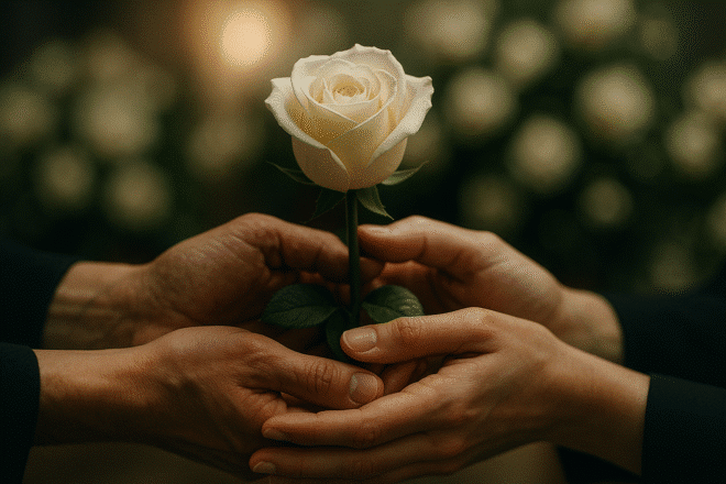 Mãos segurando uma rosa branca com delicadeza, simbolizando apoio e amor em uma cerimônia fúnebre.