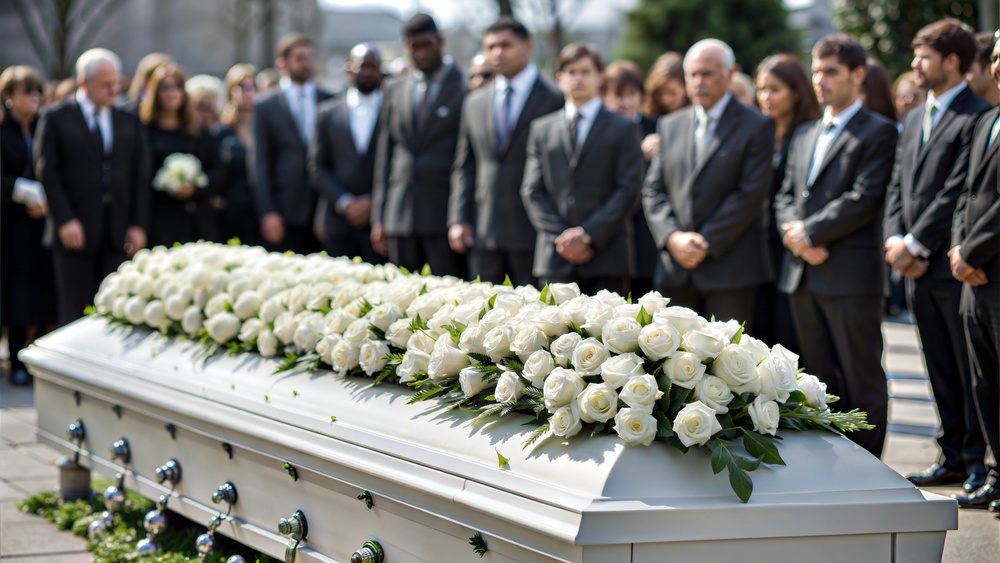 Momento de homenagem emocionante com pessoas rezando ao redor de um caixão branco decorado com flores brancas em um funeral ao ar livre, em um dia ensolarado.