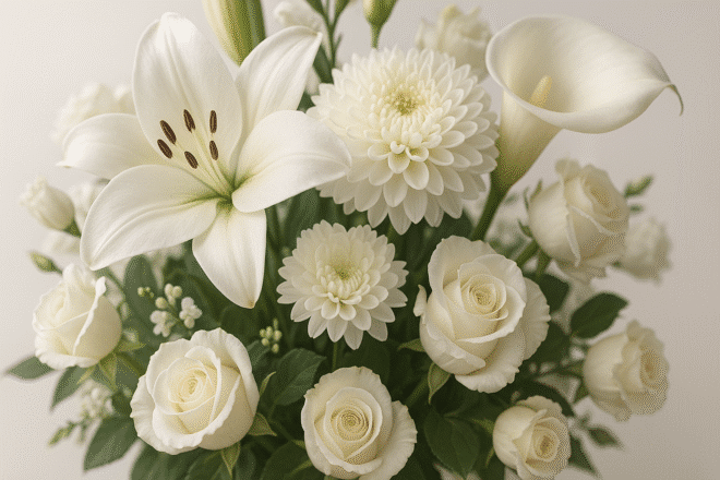 Arranjo de flores brancas com lírio, crisântemo e rosas, usado em velórios em casa para transmitir paz, respeito e serenidade.
