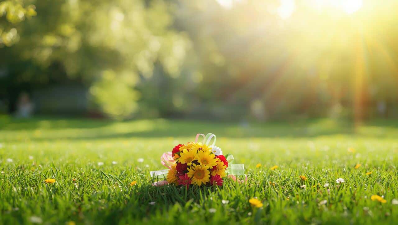 Fotografia em close de um pequeno buquê de flores coloridas (amarelas, vermelhas e rosas) depositado sobre um gramado verde e bem cuidado. Ao fundo, a luz do sol brilha intensamente através das árvores, criando um efeito de feixes de luz (lens flare) em um ambiente de cemitério parque sereno.