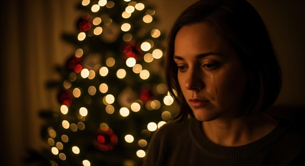 Retrato de uma mulher jovem com expressão de profunda tristeza e uma lágrima escorrendo pelo rosto. Ela olha para baixo, com o rosto parcialmente iluminado por luzes quentes. Ao fundo, há uma árvore de Natal com luzes desfocadas (efeito bokeh), simbolizando o contraste entre o luto pessoal e as celebrações de final de ano.