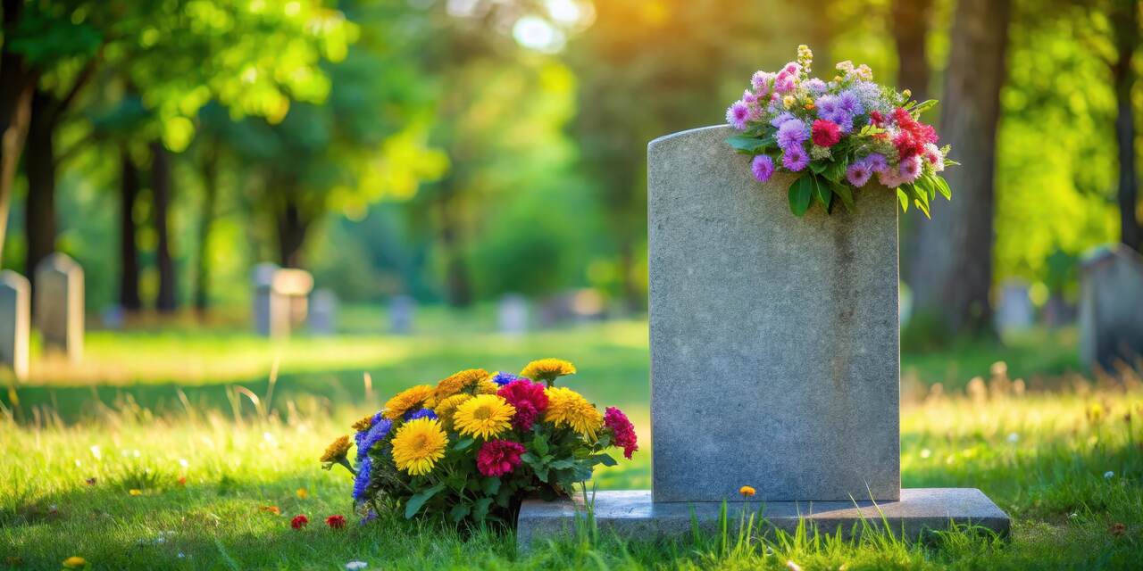 Lápide cinza em um cemitério gramado e ensolarado, decorada com um arranjo de flores roxas, rosas e amarelas.