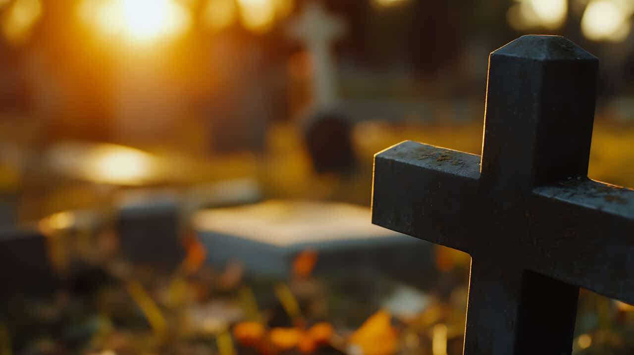 Close-up em ângulo baixo de uma cruz de metal escuro e rústico em um cemitério ao entardecer. A luz do pôr do sol cria um brilho dourado intenso ao fundo, deixando outras lápides e árvores desfocadas (efeito bokeh). A cruz está em destaque no lado direito do quadro, com detalhes de textura e desgaste visíveis.